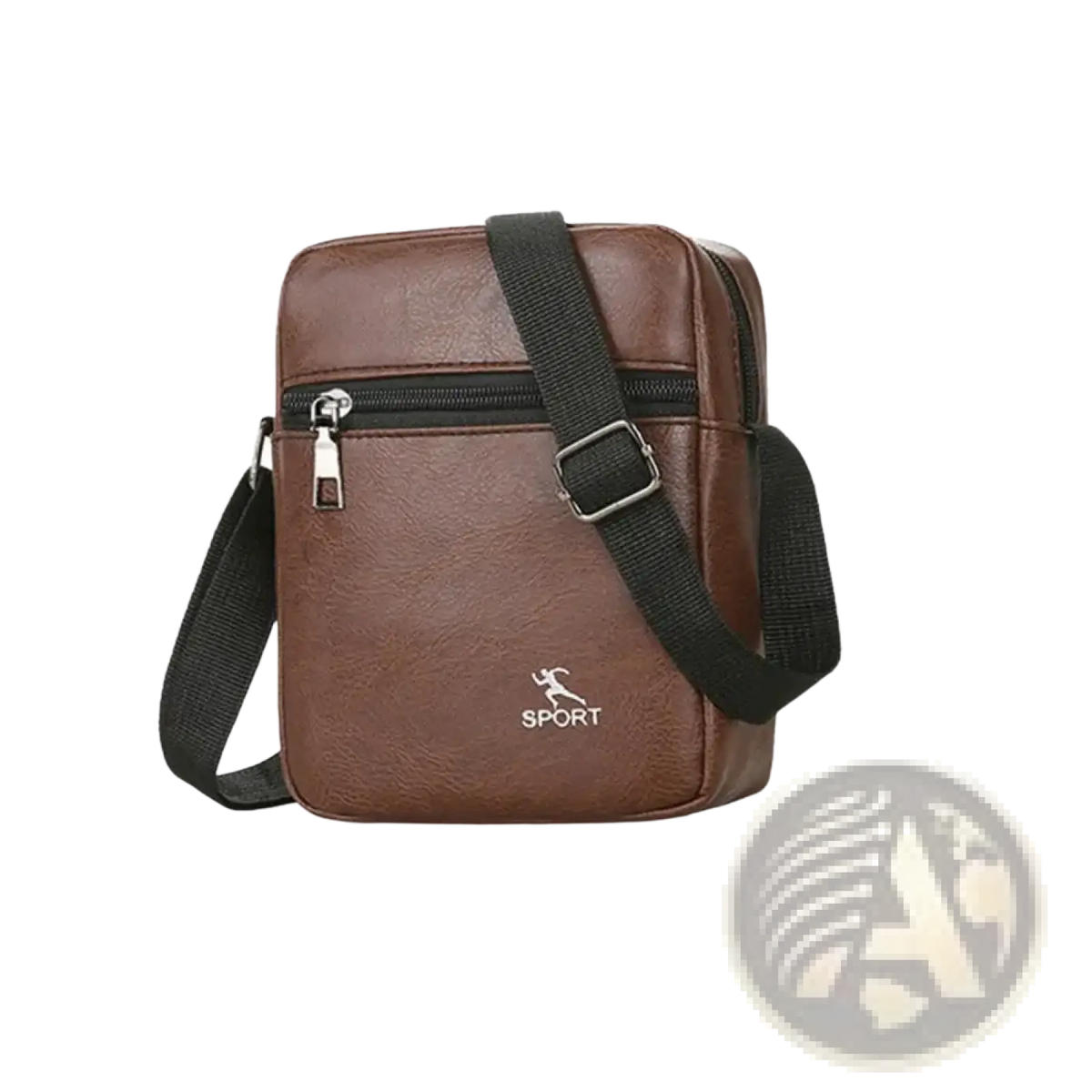 Men pu leather crossbody messenger bag in brown with black adjustable strap and silver zipper pull