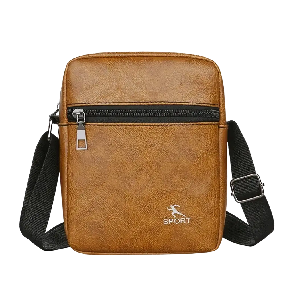 Men pu leather crossbody messenger bag in brown with black zipper and adjustable strap for versatile use