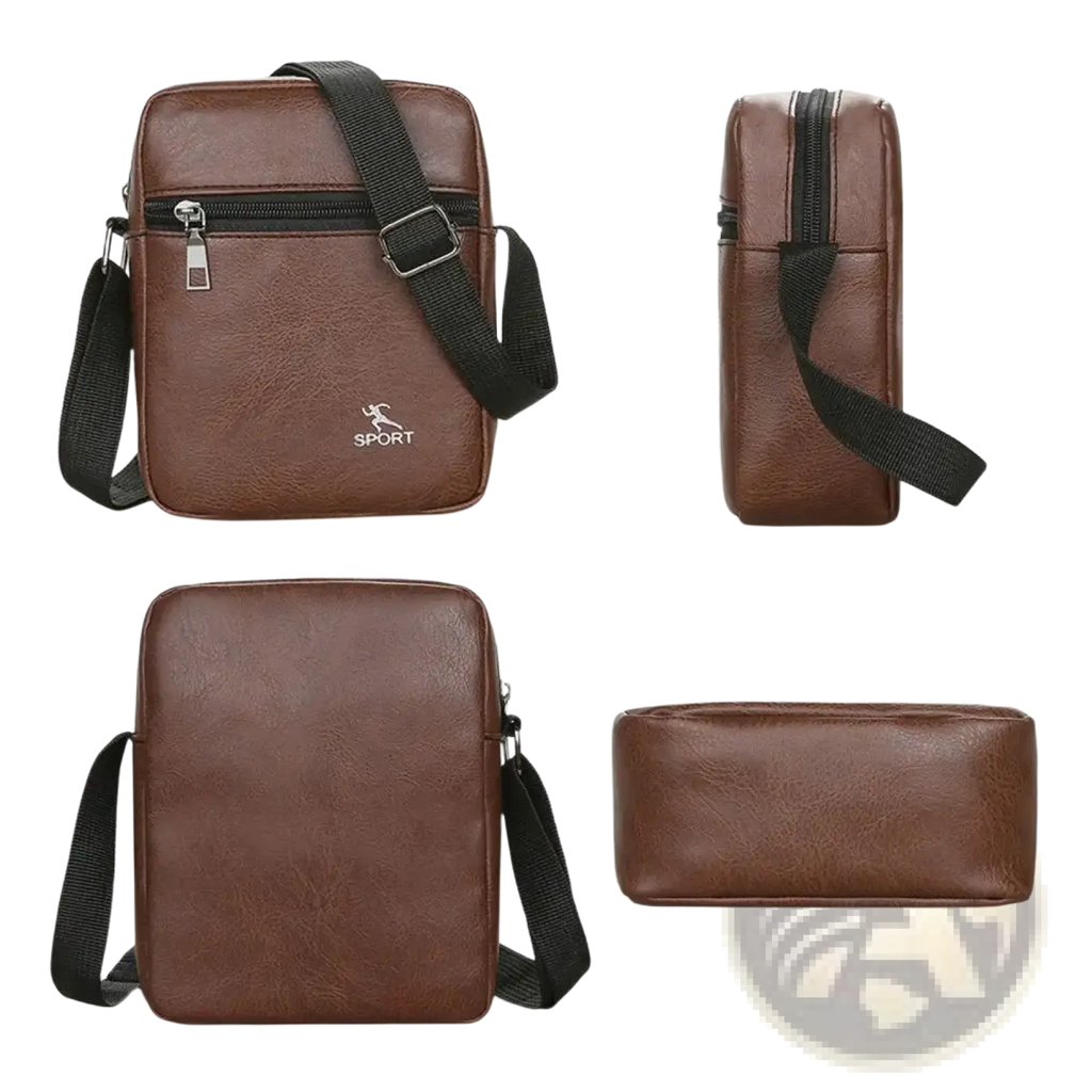 Men pu leather crossbody messenger bag in brown with black adjustable strap and silver zipper pull