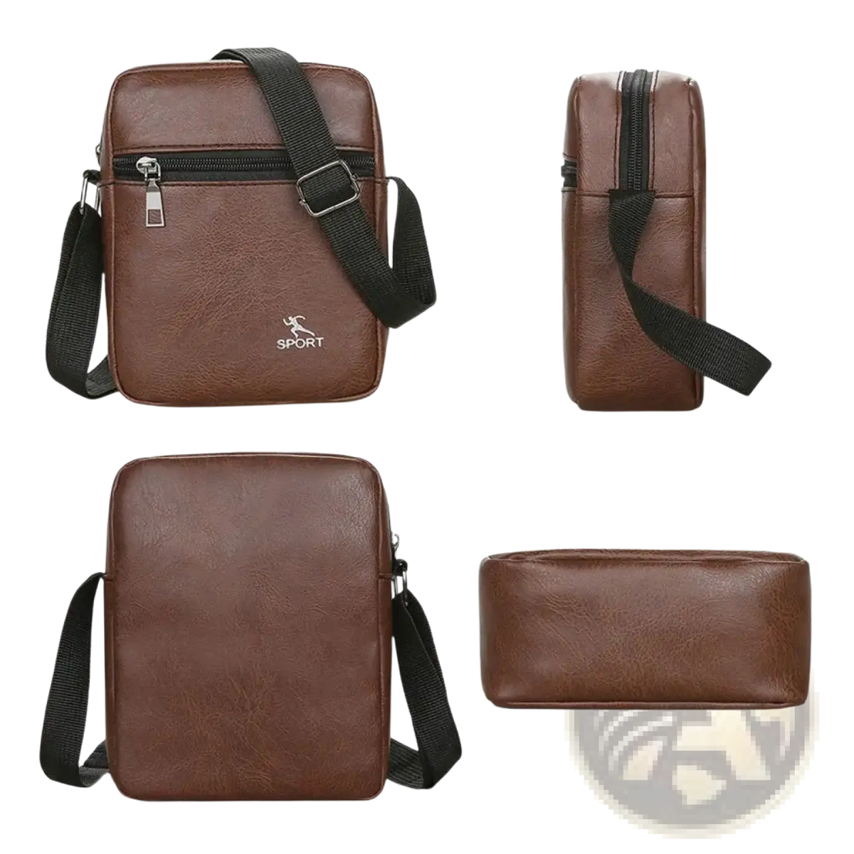 Men pu leather crossbody messenger bag in brown with black adjustable strap and silver zipper pull