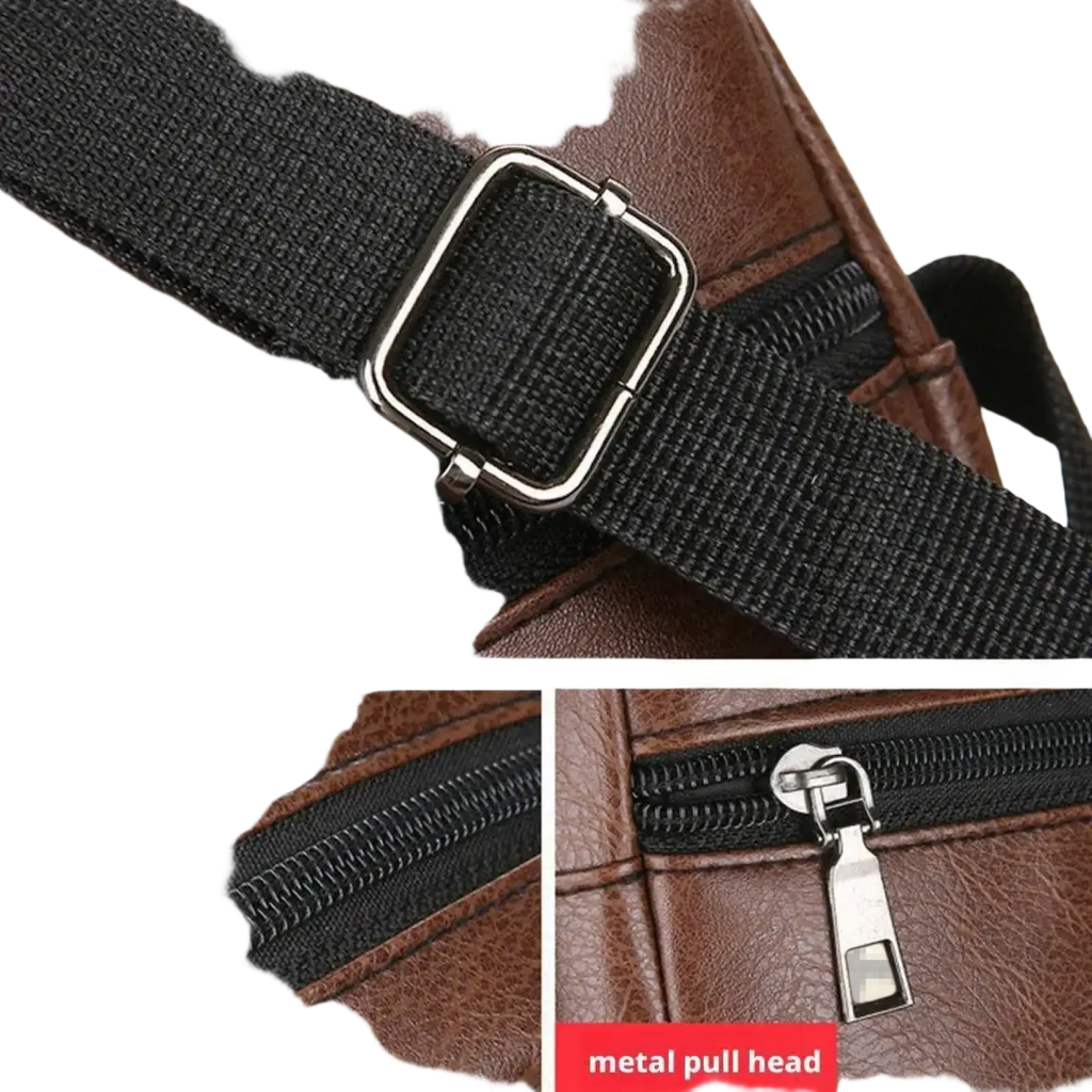 Men pu leather crossbody messenger bag in brown faux leather with black adjustable strap and metal zipper pull