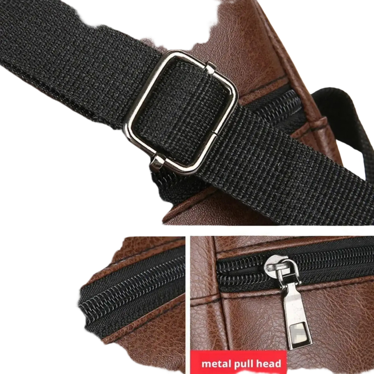 Men pu leather crossbody messenger bag in brown faux leather with black adjustable strap and metal zipper pull
