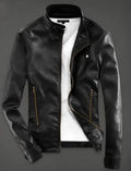 Men’s slim fit black pu leather biker jacket with gold zips and a stand-up collar front view