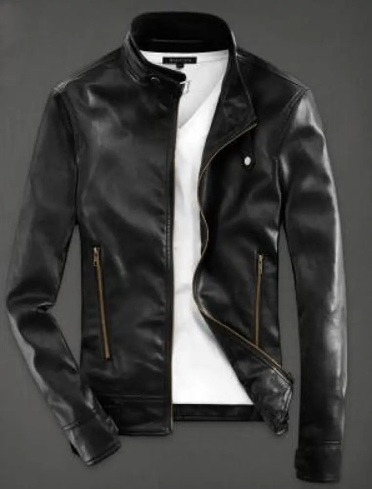 Men’s slim fit black pu leather biker jacket with gold zips and a stand-up collar front view