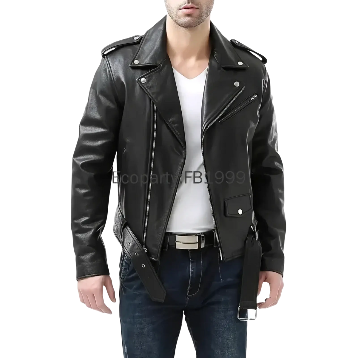 Men pu leather motorcycle jacket slim fit black with silver zippers and snap buttons on black leather biker jacket