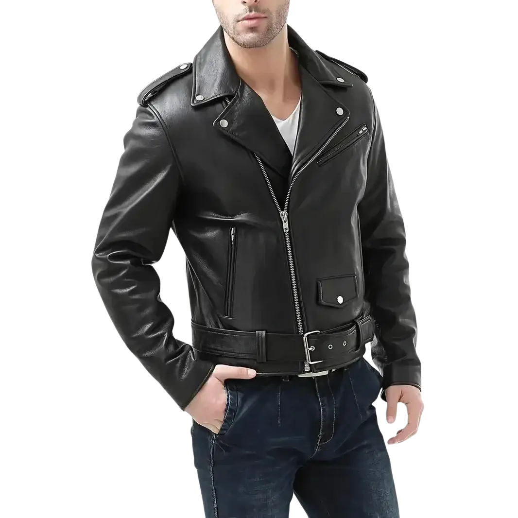 Men slim fit black pu leather motorcycle jacket featuring silver zippers and snap buttons on the front side