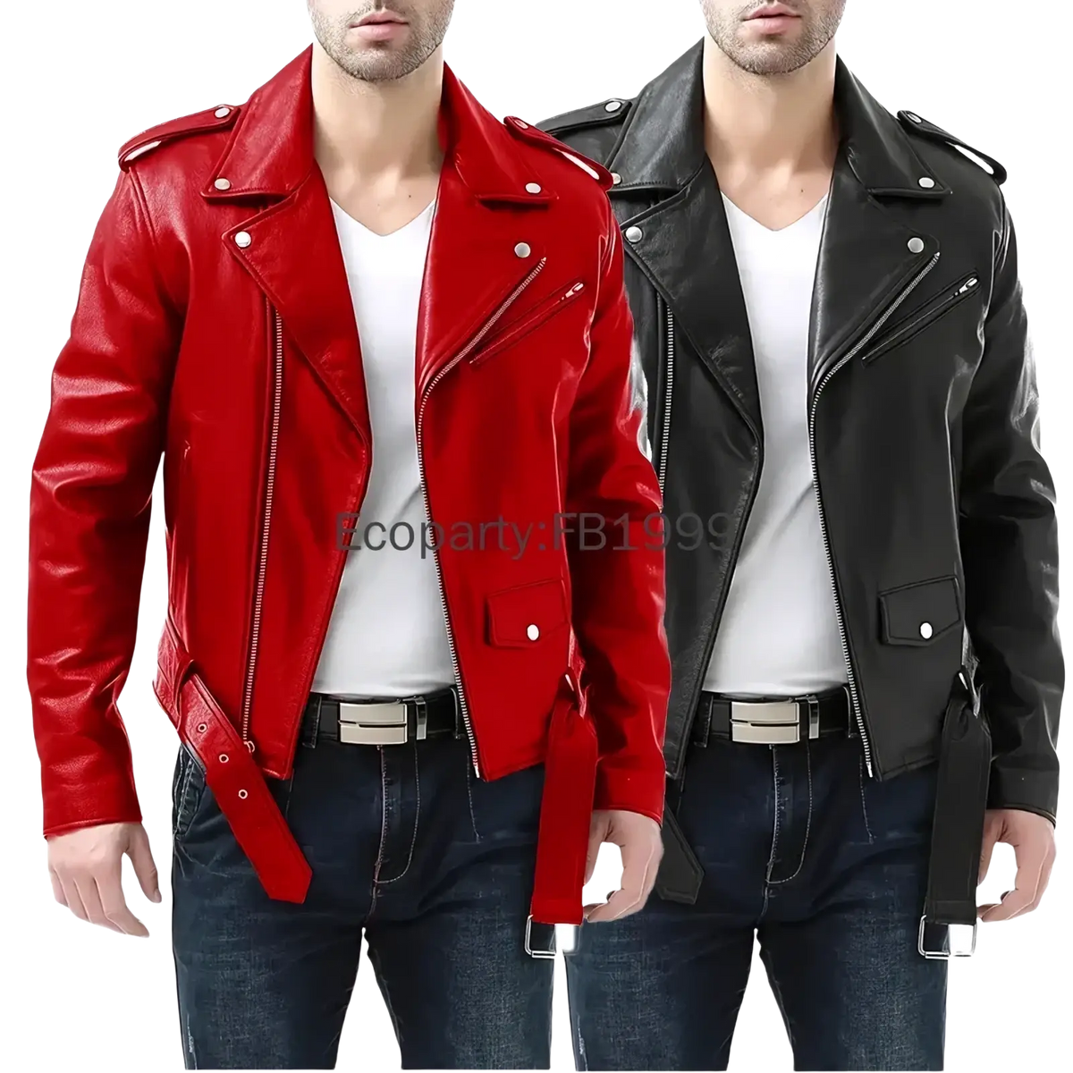 Men pu leather motorcycle jacket slim fit black and red with silver zippers snap buttons and adjustable waist belts