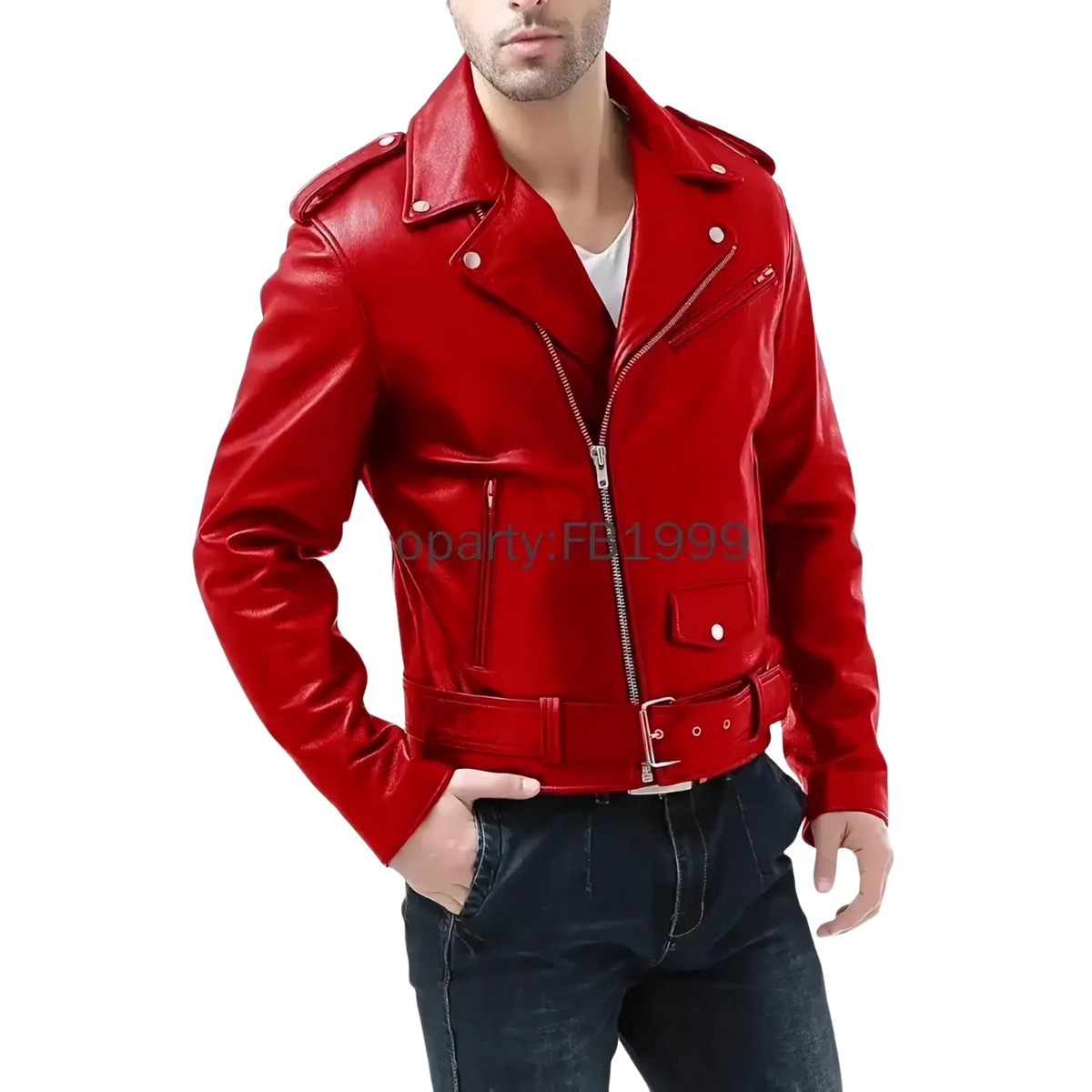 Vibrant red leather biker jacket with silver zippers and button accents for men slim fit motorcycle style