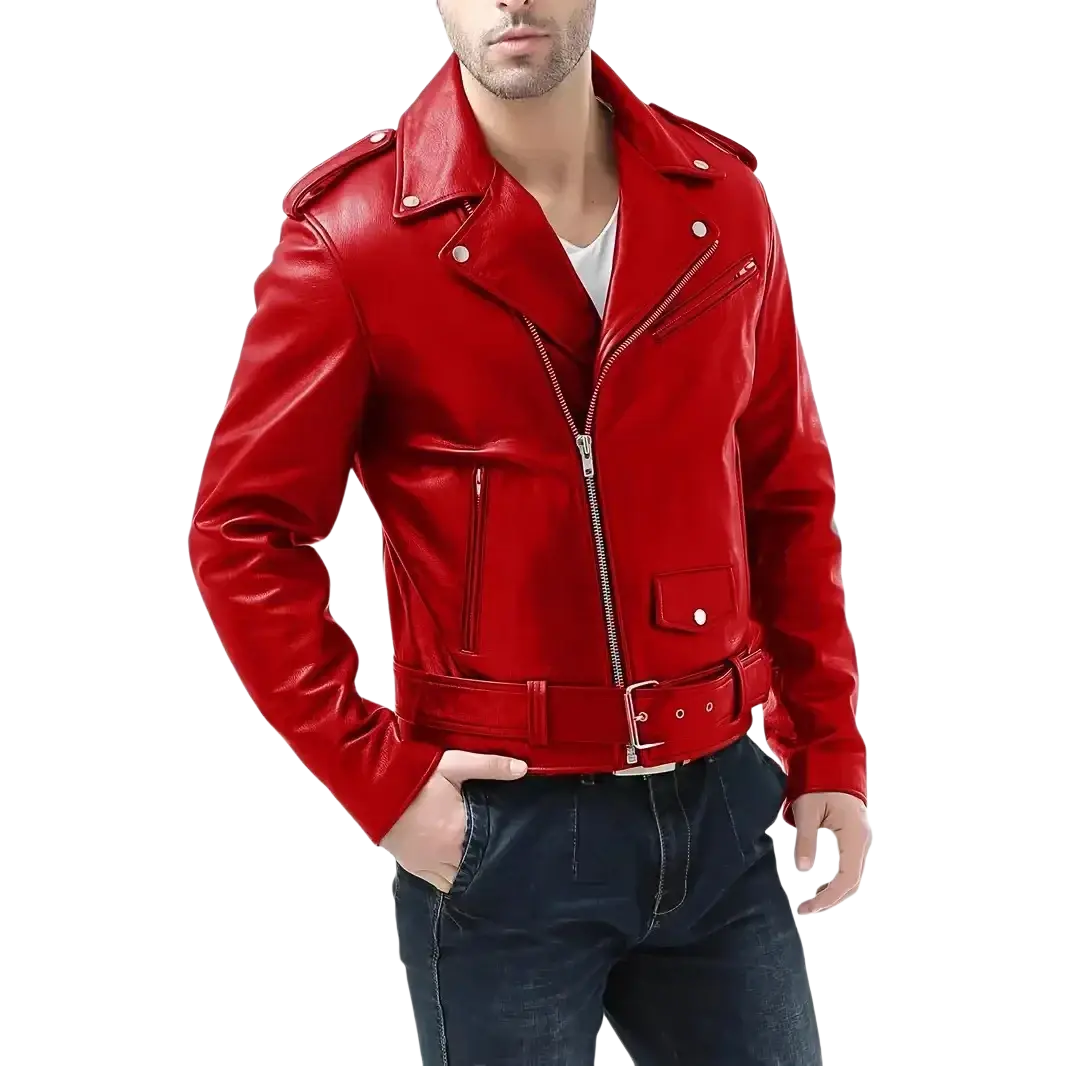 Vibrant red pu leather slim fit biker jacket for men with silver zippers and snap buttons for motorcycle use