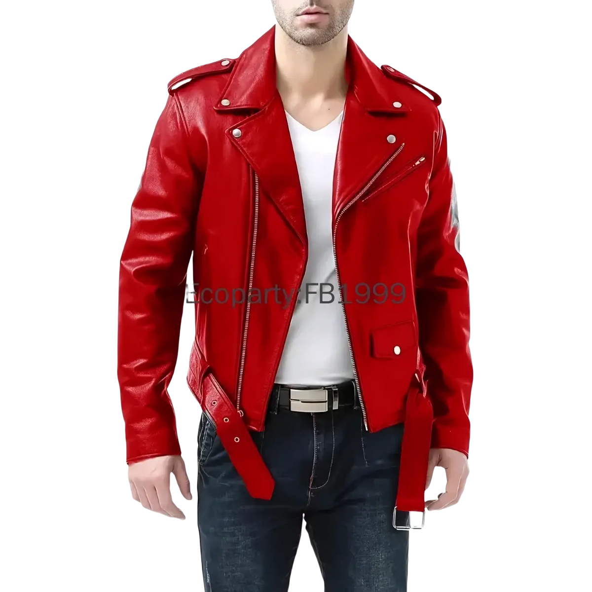 Vibrant red pu leather biker jacket with silver zippers and snap buttons for men slim fit motorcycle use