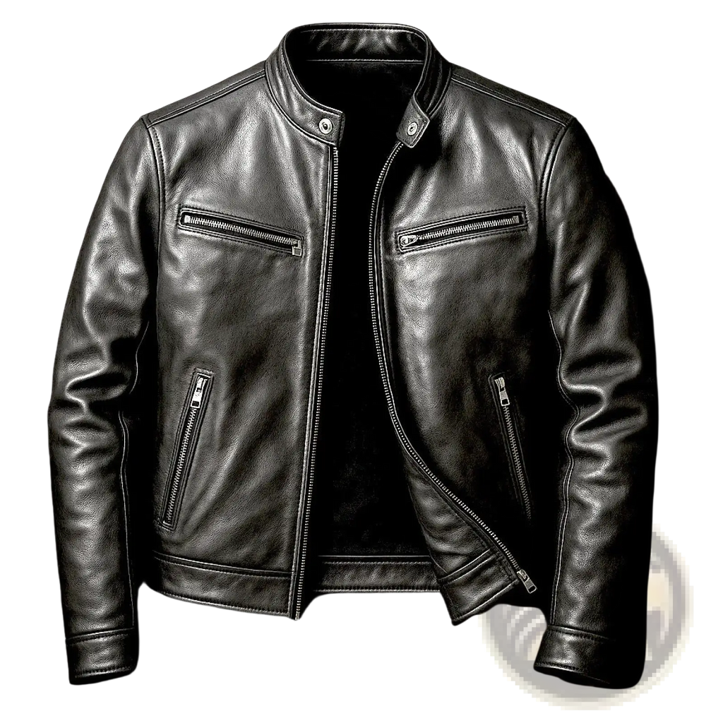 Men pu leather motorcycle jacket black with stand collar silver zippers and snap buttons front view