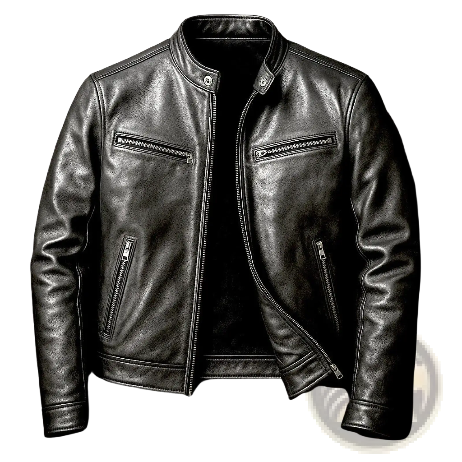 Men pu leather motorcycle jacket black with stand collar silver zippers and snap buttons front view