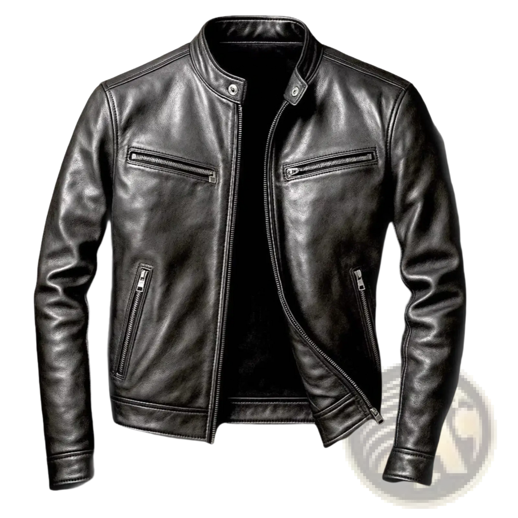 Men pu leather motorcycle jacket in black with silver zippers and snap buttons featuring a stand collar