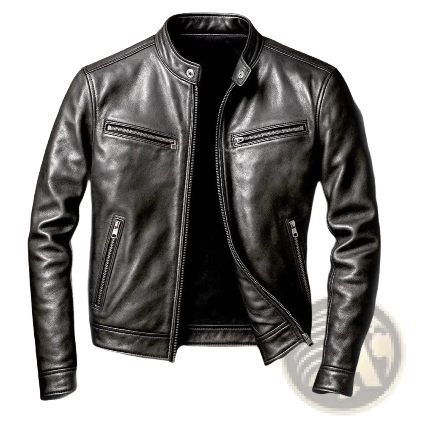 Men pu leather motorcycle jacket in black with silver zippers and snap buttons featuring a stand collar