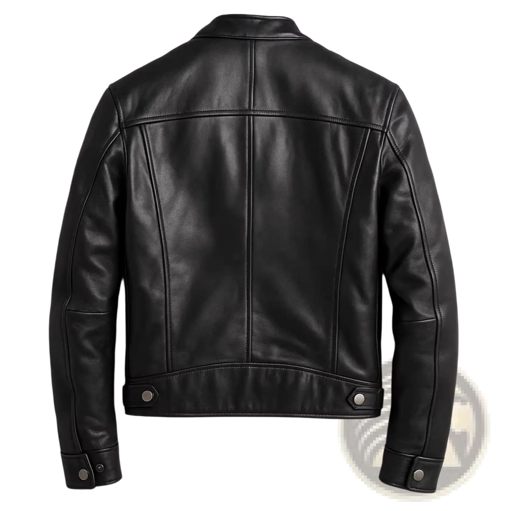 Men pu leather motorcycle jacket in black with classic stitching silver snap buttons and stand collar shown from the back side