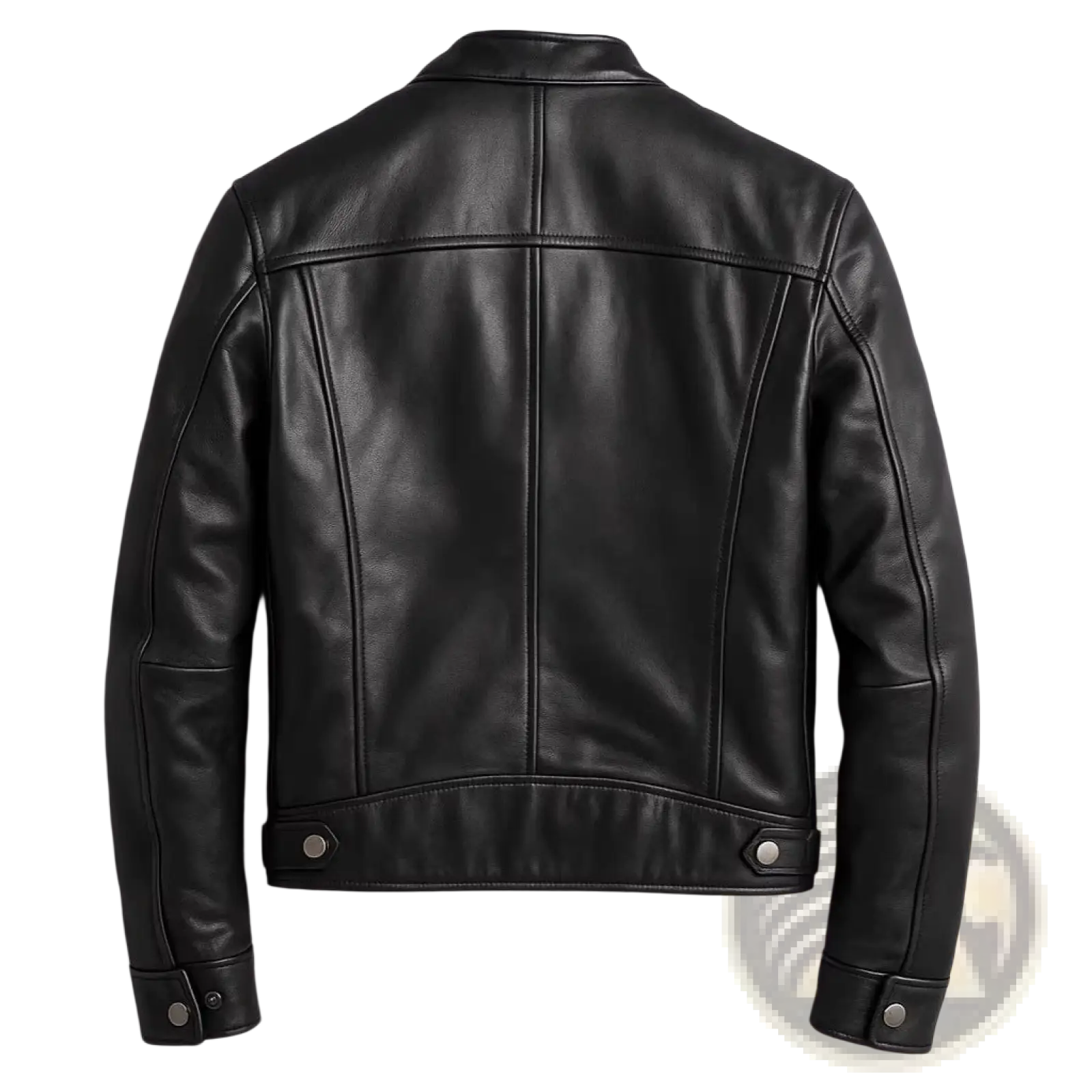 Men pu leather motorcycle jacket in black with classic stitching silver snap buttons and stand collar shown from the back side