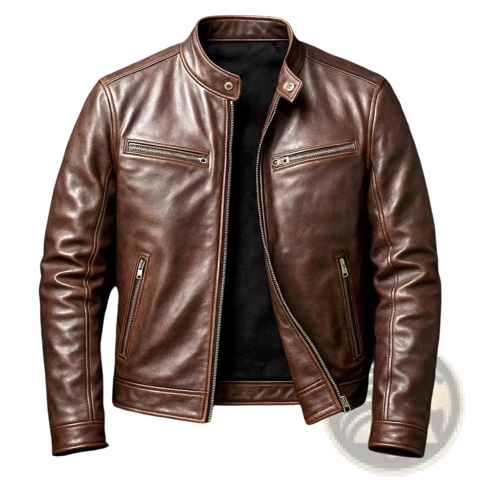 Men pu leather motorcycle jacket in rich brown with classic design silver zippers and snap buttons stand collar