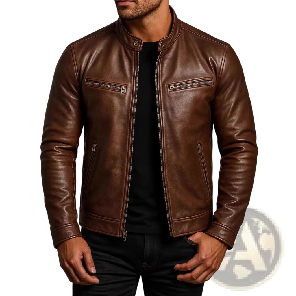 Men pu leather motorcycle jacket in rich brown with classic design silver zippers and snap buttons stand collar