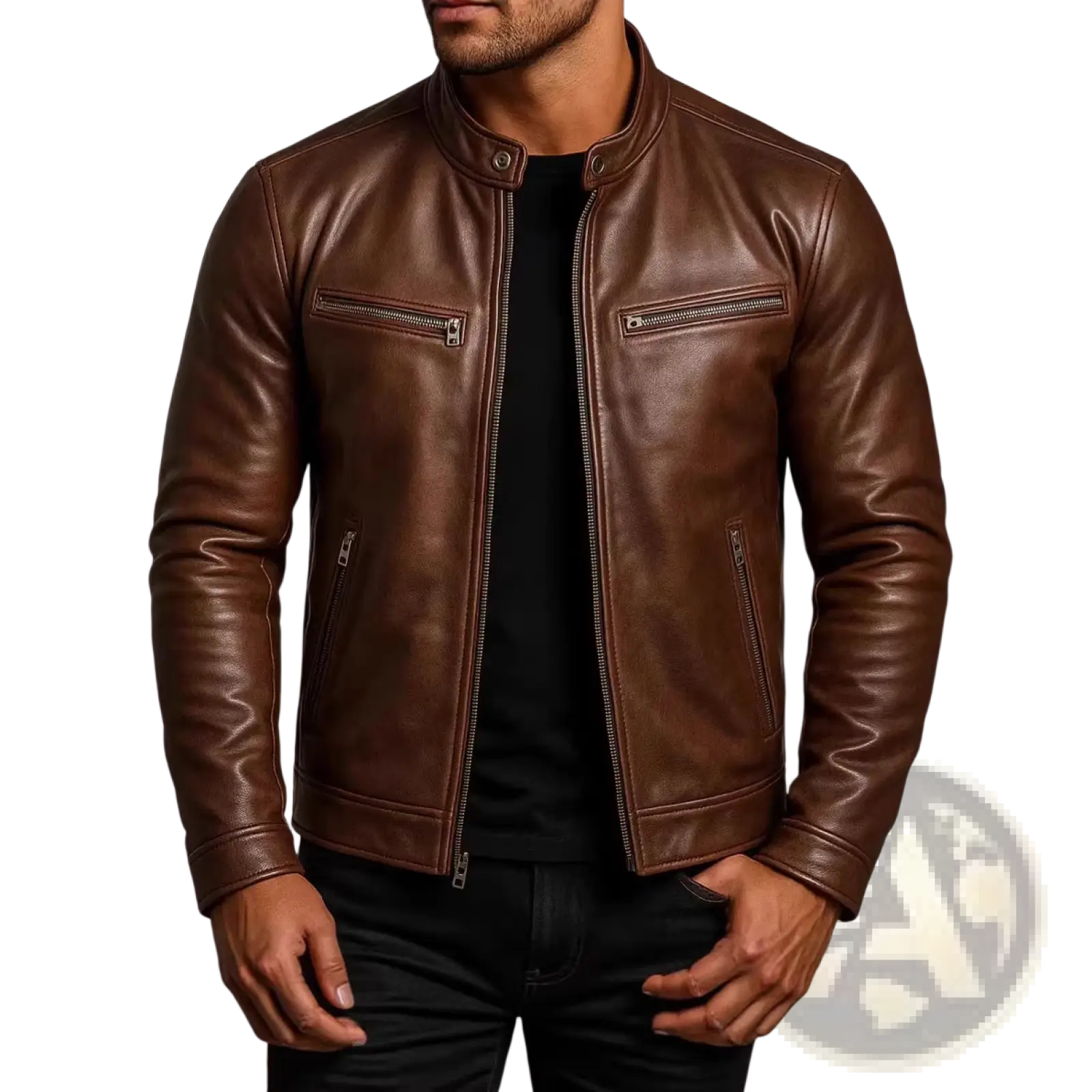 Men pu leather motorcycle jacket in rich brown with classic design silver zippers and snap buttons stand collar