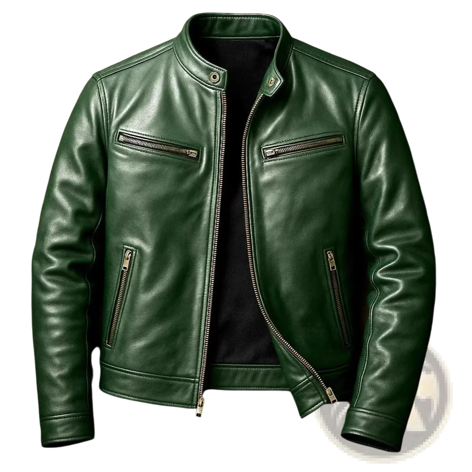 Men pu leather motorcycle jacket in dark green with a sleek design, stand collar, and silver zippers
