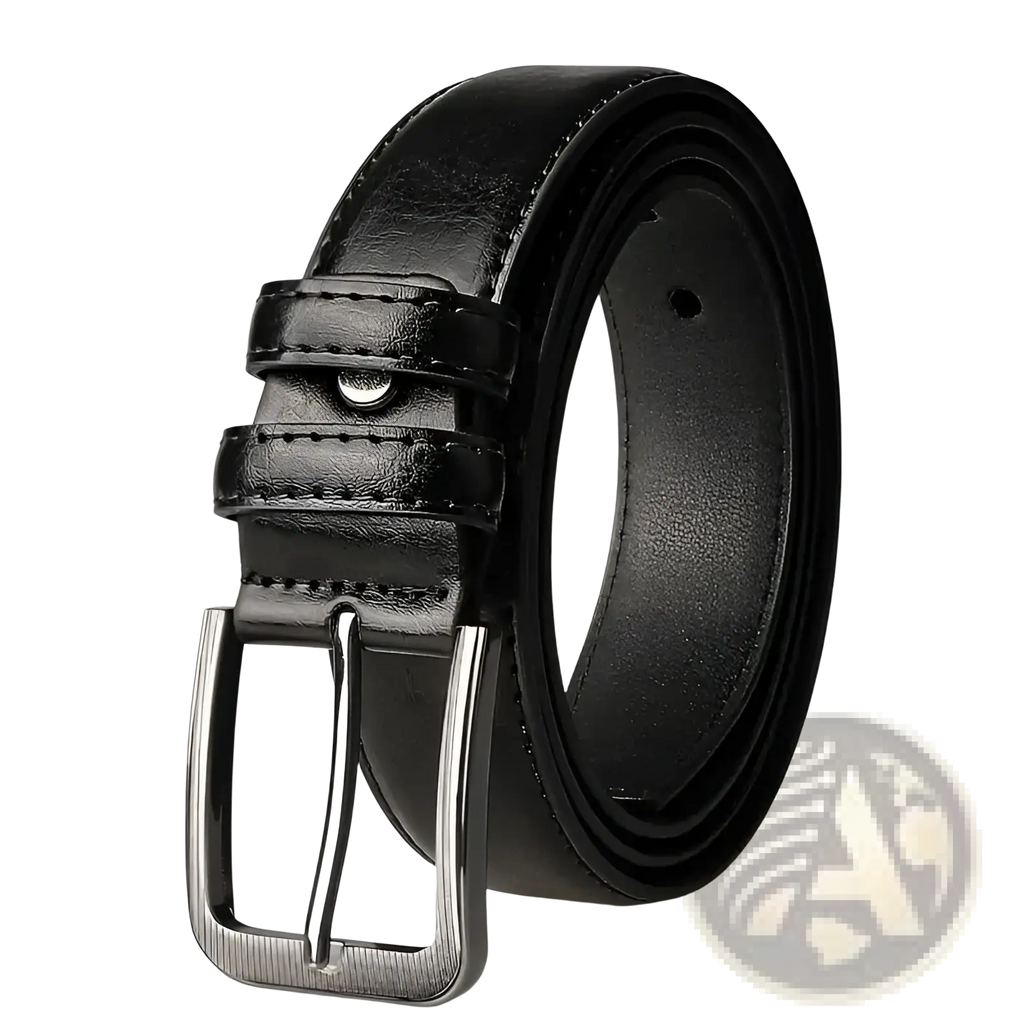 Men pu leather pin buckle belt in black with silver-toned rectangular buckle made of synthetic leather