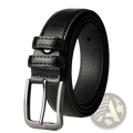 Men pu leather pin buckle belt in black with silver-toned rectangular buckle made of synthetic leather