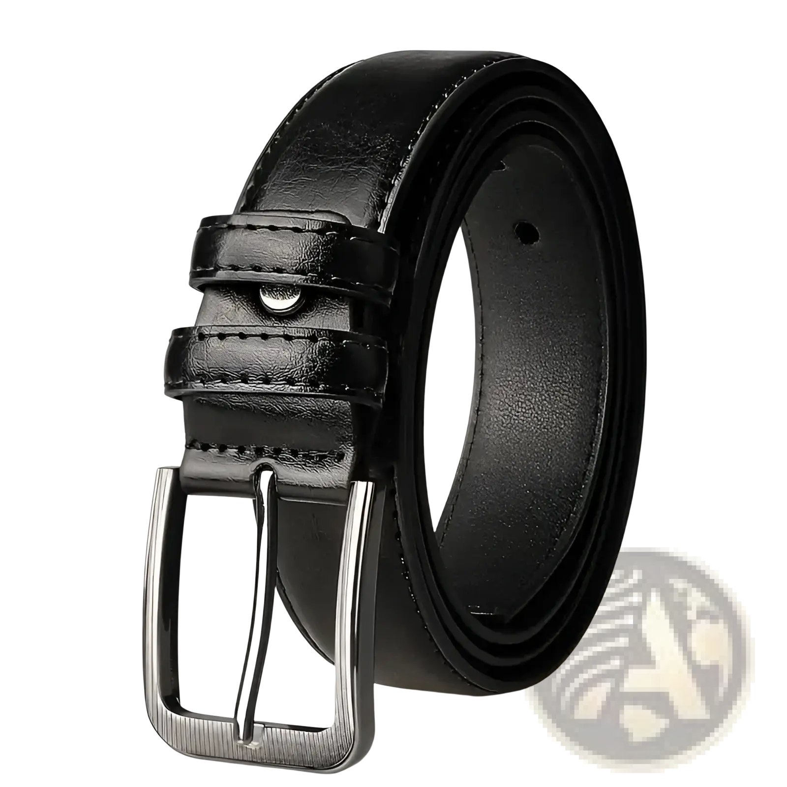 Men pu leather pin buckle belt in black with silver-toned rectangular buckle made of synthetic leather