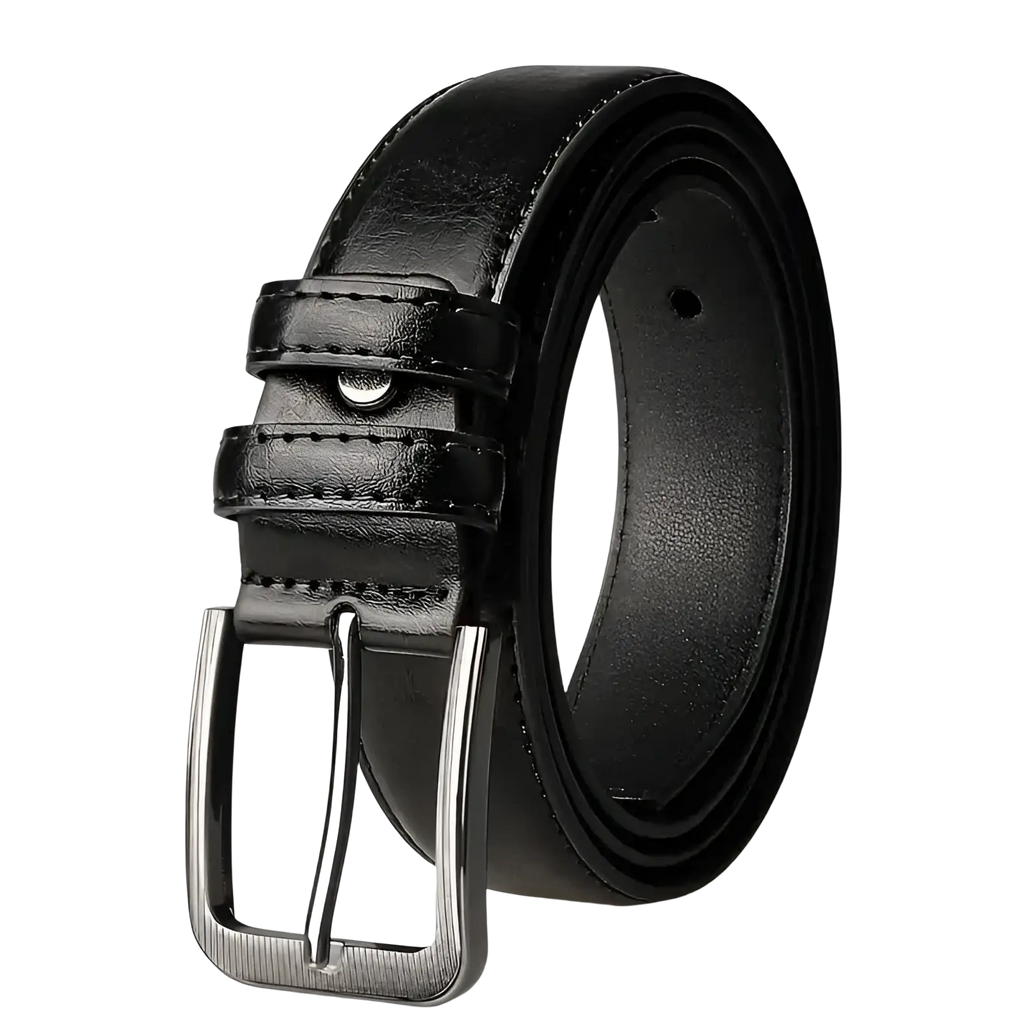 Men pu leather pin buckle belt in black with silver-toned rectangular buckle made of synthetic leather