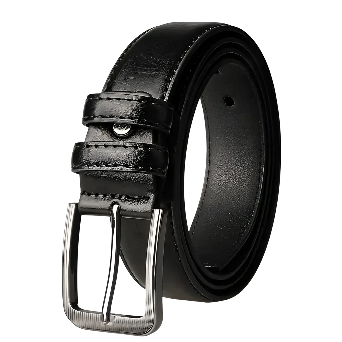 Men pu leather pin buckle belt in black with silver-toned rectangular buckle made of synthetic leather