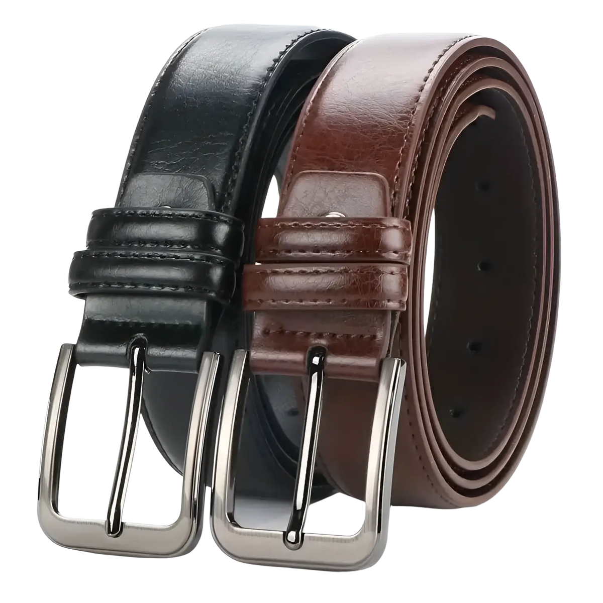 Men pu leather pin buckle belts in black and brown with silver-toned metal buckles for formal use