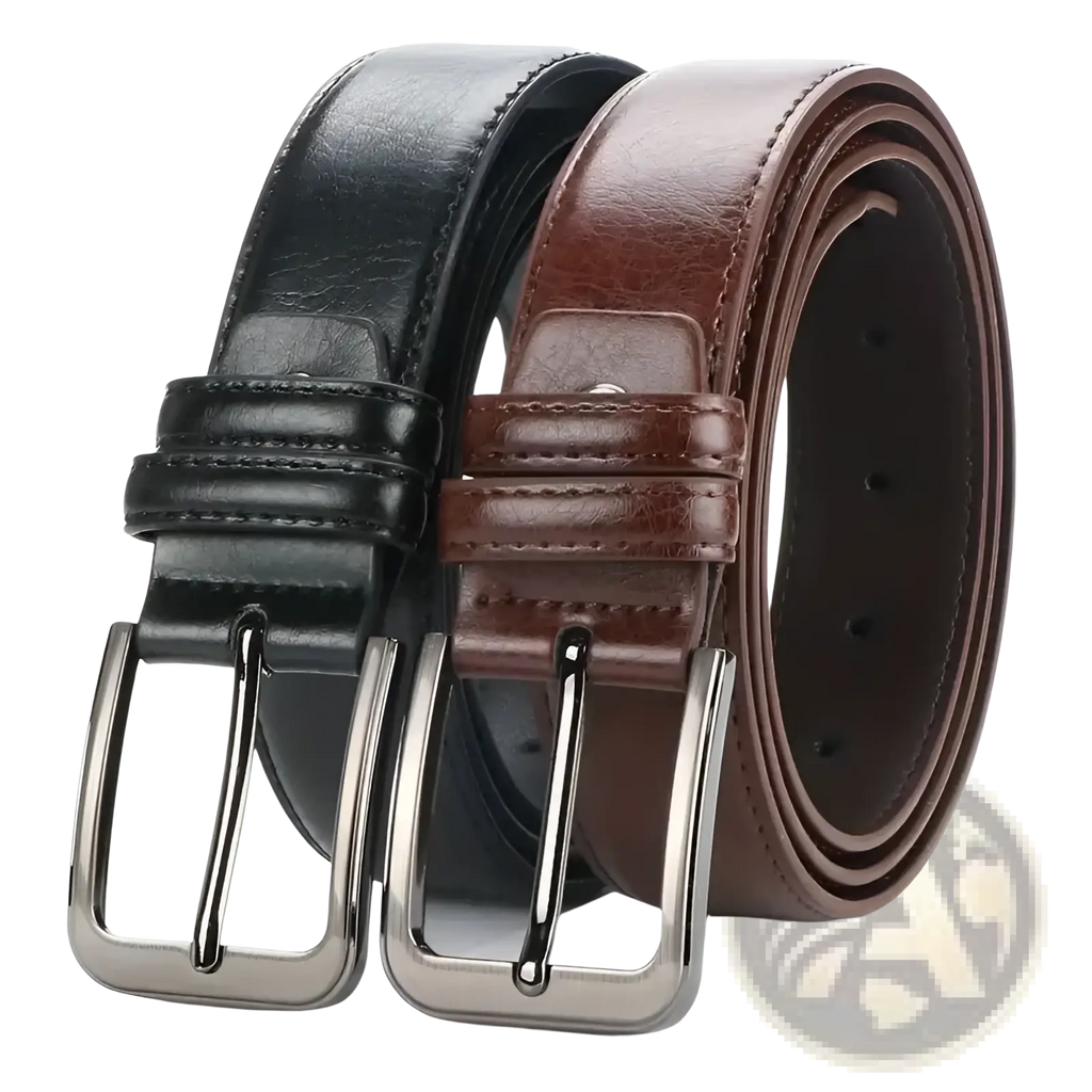 Men pu leather pin buckle belts in black and brown with silver-toned metal buckles for formal use