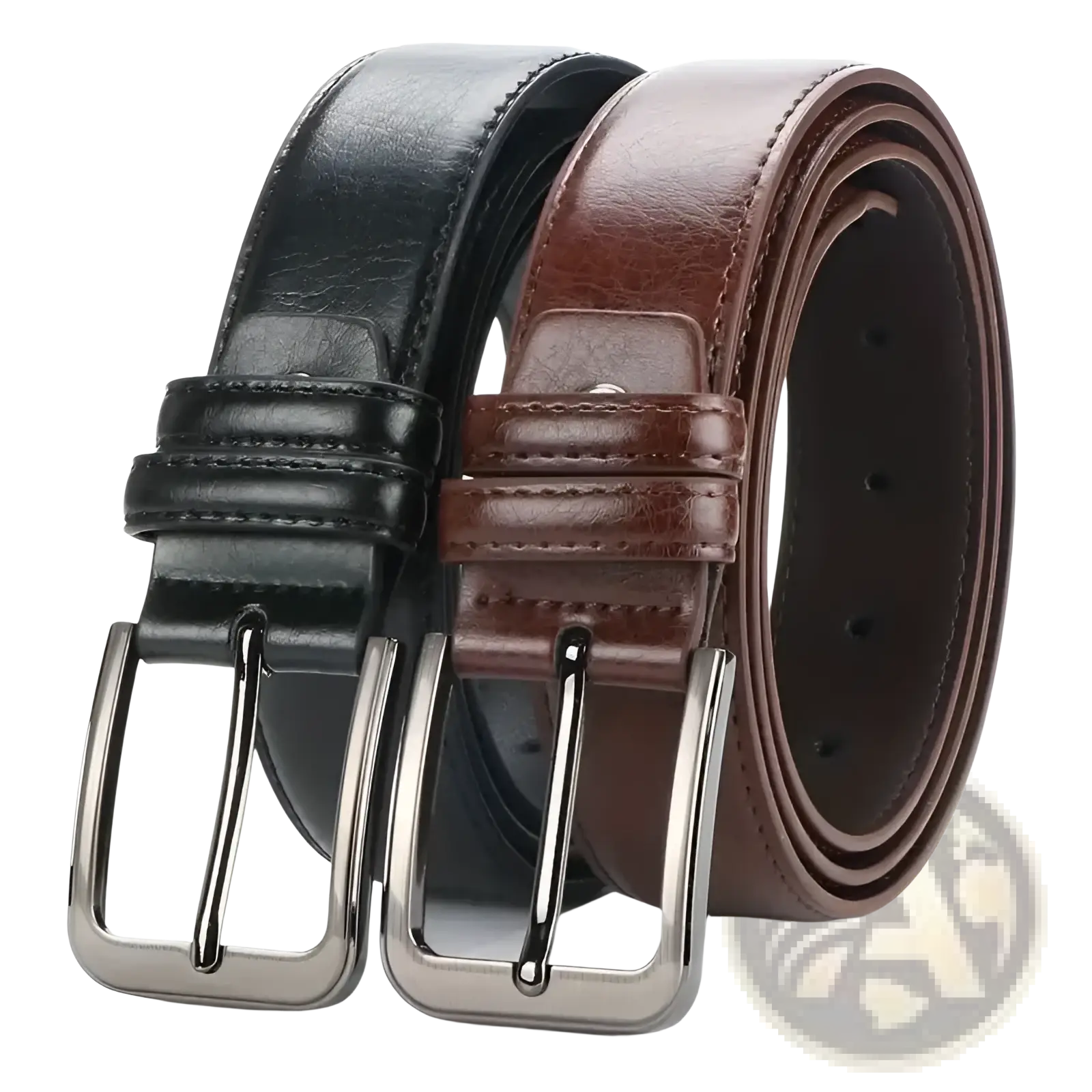 Men pu leather pin buckle belts in black and brown with silver-toned metal buckles for formal use