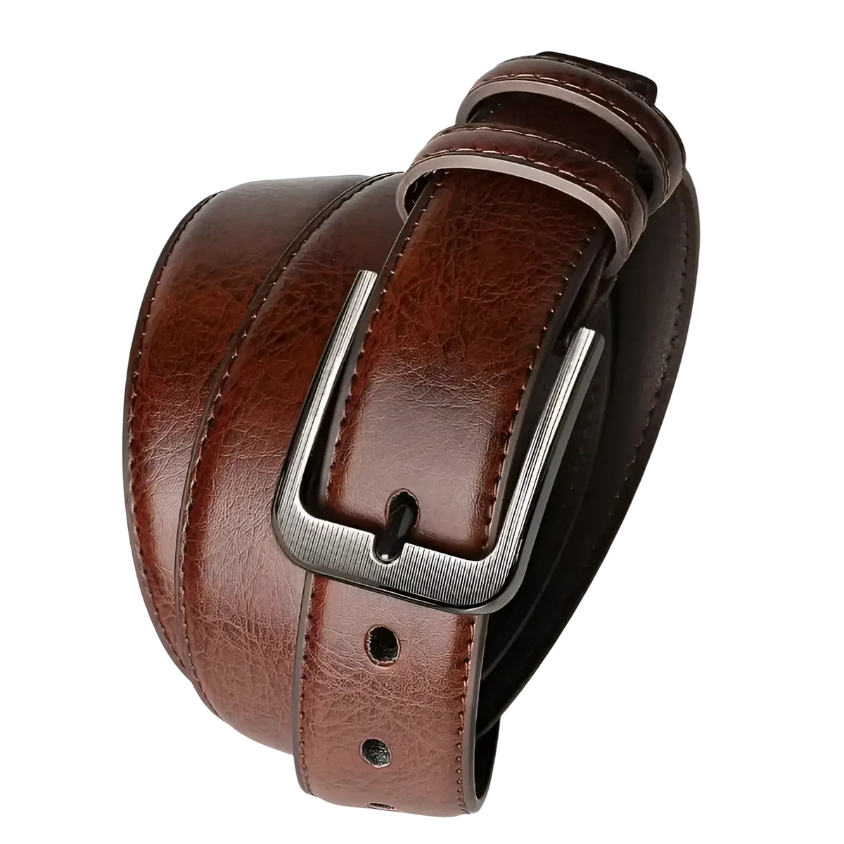 Brown pu leather men’s pin buckle belt with silver-toned rectangular buckle for casual and formal wear