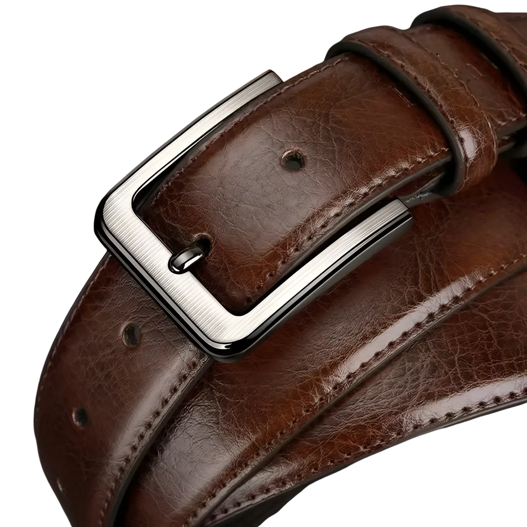 Men pu leather pin buckle belt in brown with a brushed silver-toned rectangular buckle