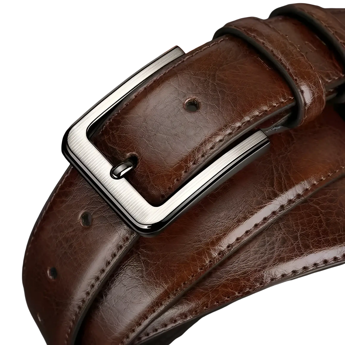 Men pu leather pin buckle belt in brown with a brushed silver-toned rectangular buckle