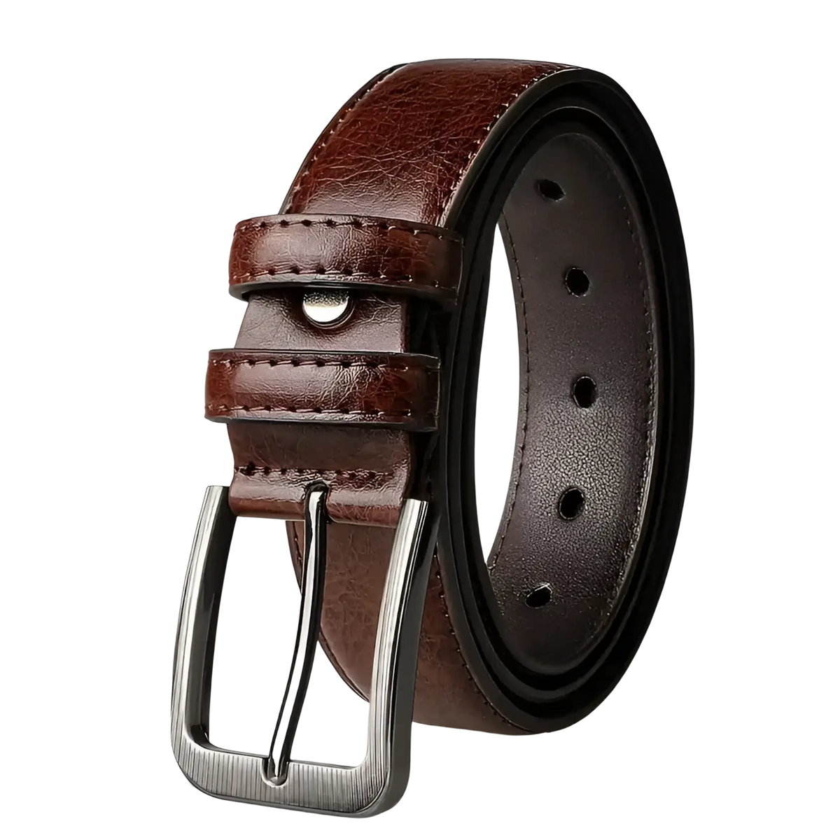 Men pu leather pin buckle belt in brown with a silver-toned buckle suitable for formal and casual wear
