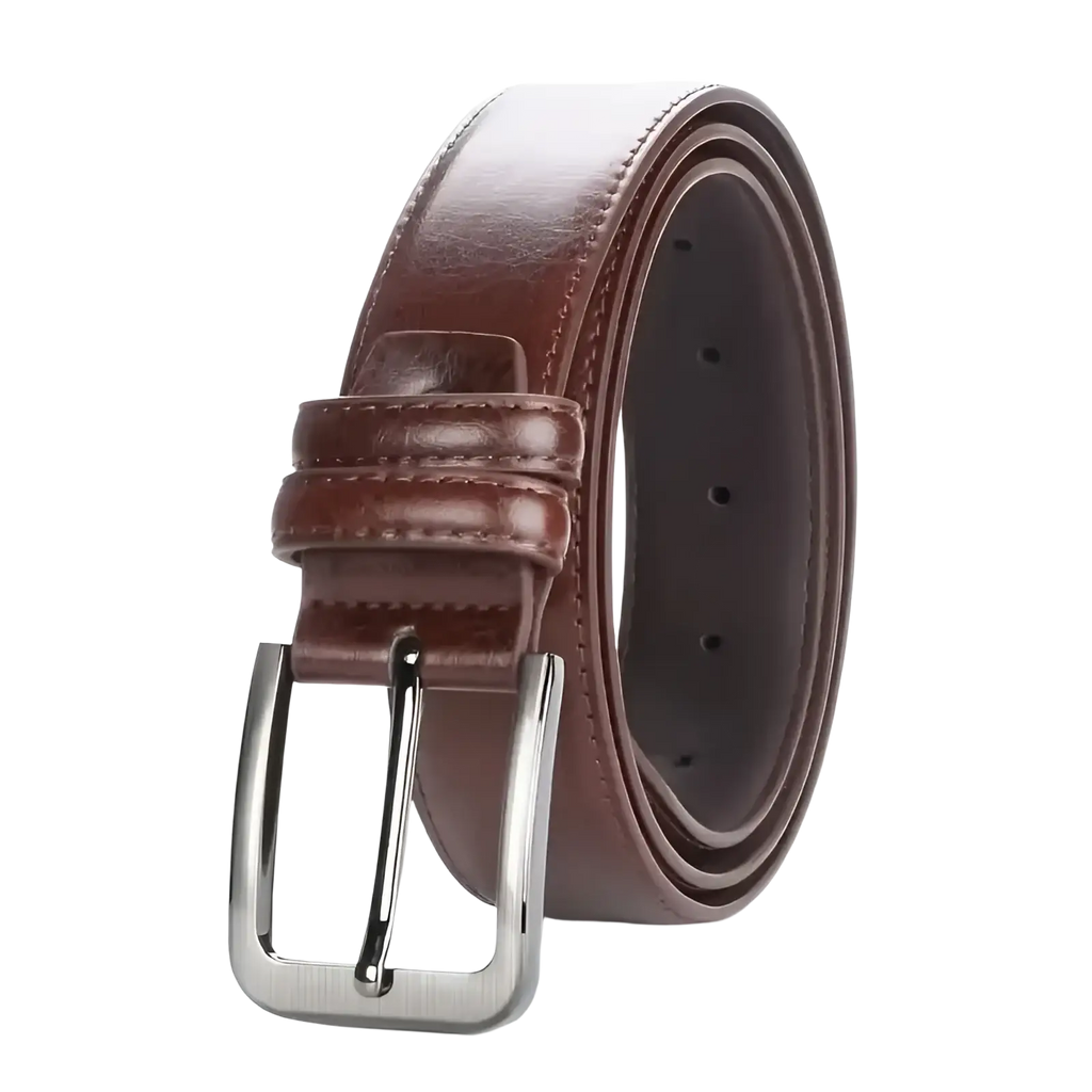 Men pu leather pin buckle belt in brown with a silver-toned buckle made of durable leather material