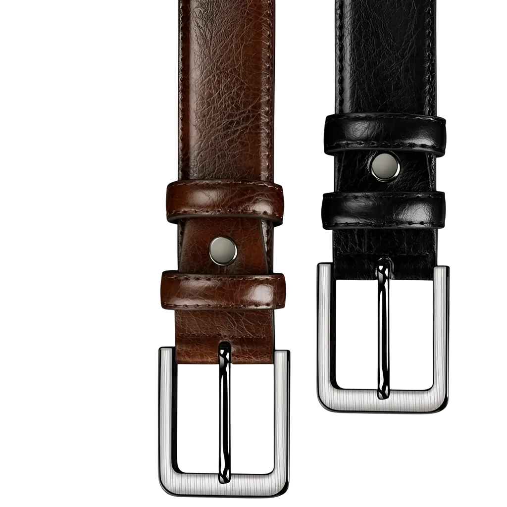 Men pu leather pin buckle belts in brown and black with silver toned metal buckles for formal and casual wear