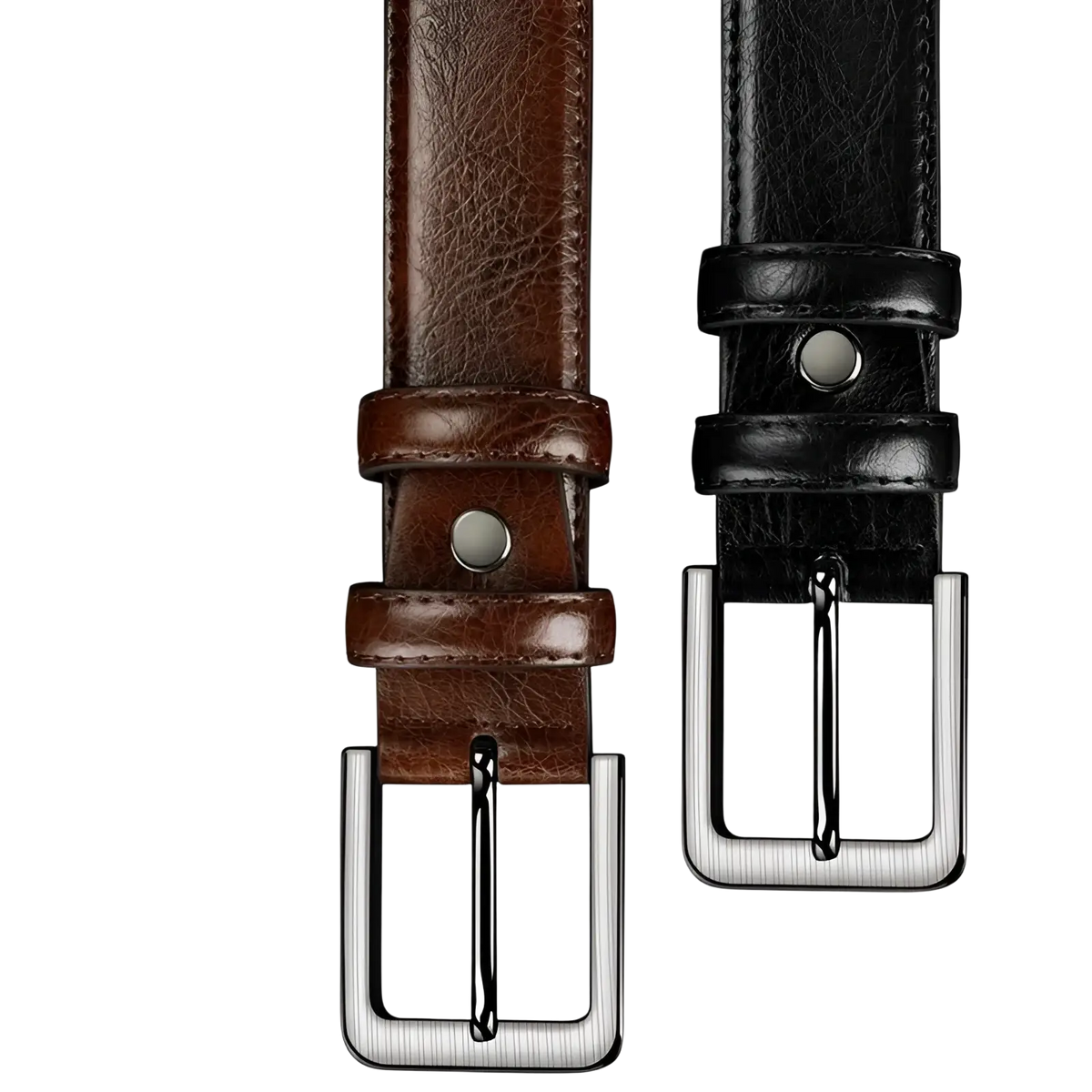 Men pu leather pin buckle belts in brown and black with silver toned metal buckles for formal and casual wear
