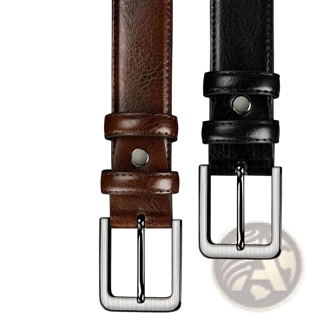 Men pu leather pin buckle belts in brown and black with silver toned metal buckles for formal and casual wear