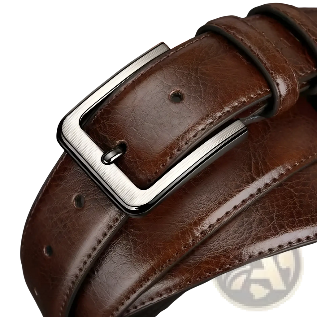 Men pu leather pin buckle belt in brown with a brushed silver-toned rectangular buckle