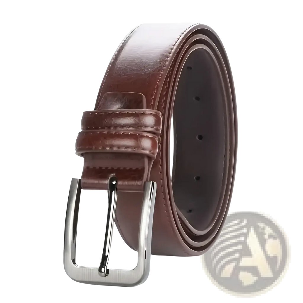 Men pu leather pin buckle belt in brown with a silver-toned buckle suitable for formal or casual wear