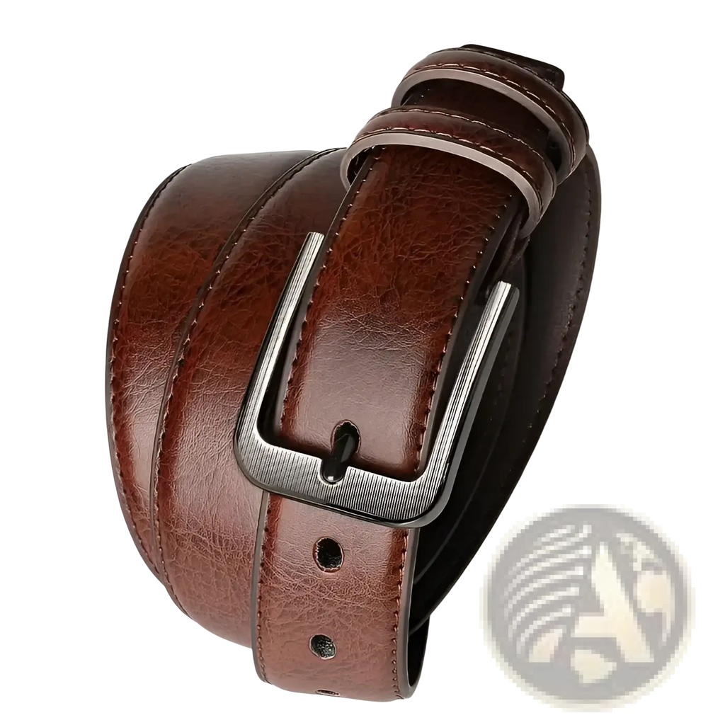 Brown pu leather men’s pin buckle belt with silver-toned rectangular buckle for casual and formal wear