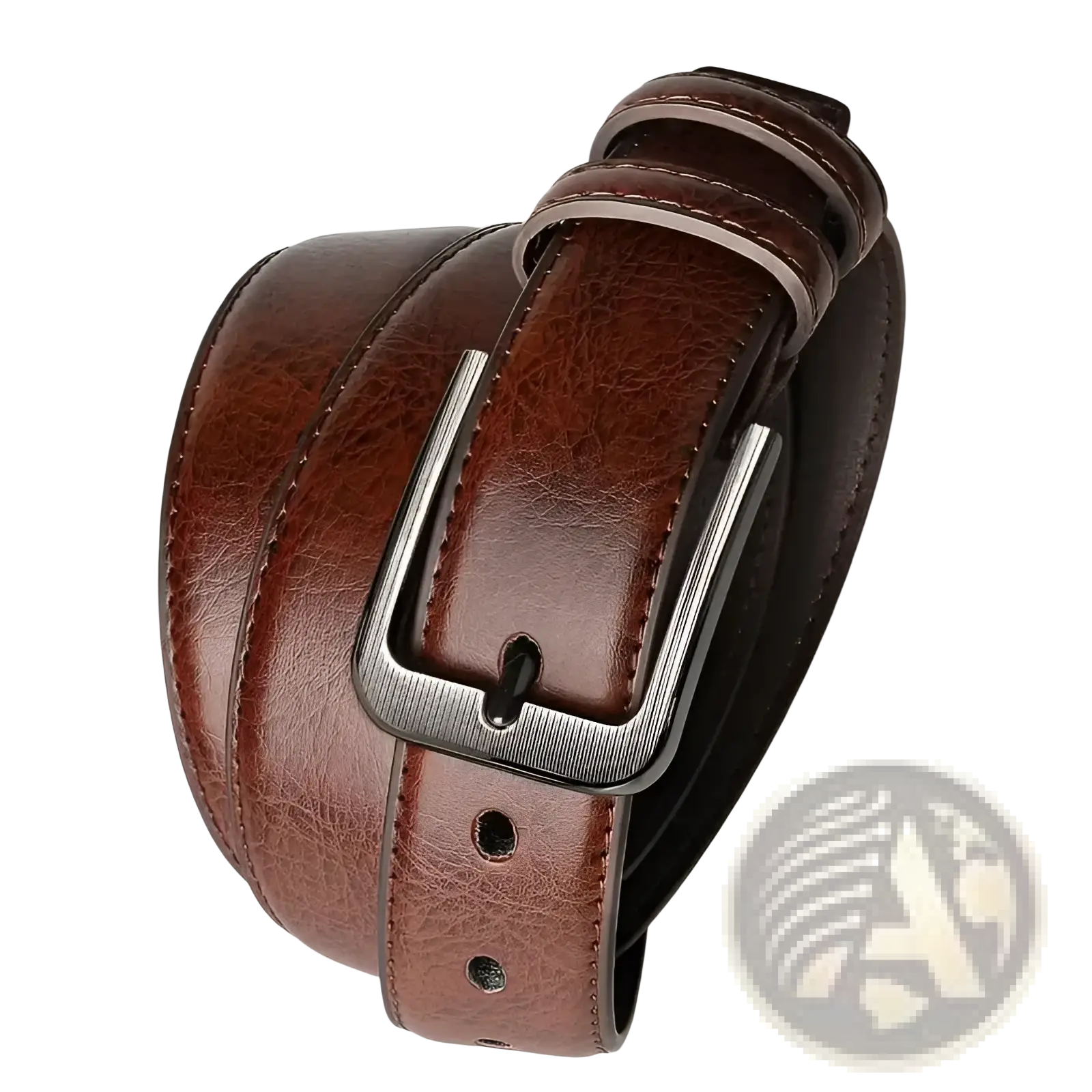 Brown pu leather men’s pin buckle belt with silver-toned rectangular buckle for casual and formal wear