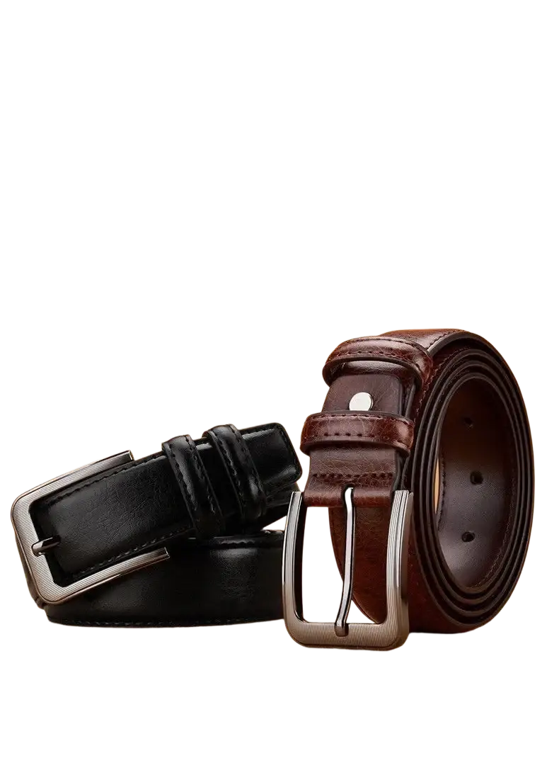 Men pu leather pin buckle belt set featuring sleek black and rich brown belts with polished silver buckles