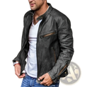 Men pu leather punk motorcycle jacket in dark gray distressed leather with brown zipper accents and stand collar