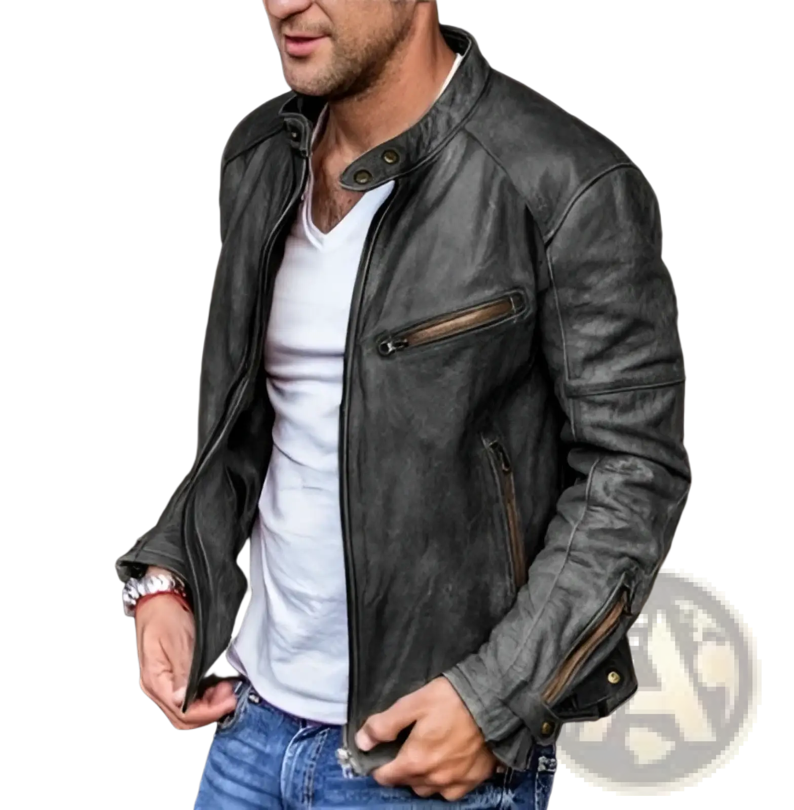 Men pu leather punk motorcycle jacket in dark gray distressed leather with brown zipper accents and stand collar