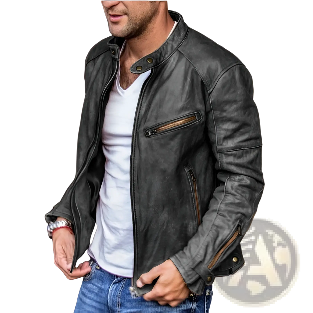 Men pu leather punk motorcycle jacket in dark gray distressed leather with brass zippers and snap buttons