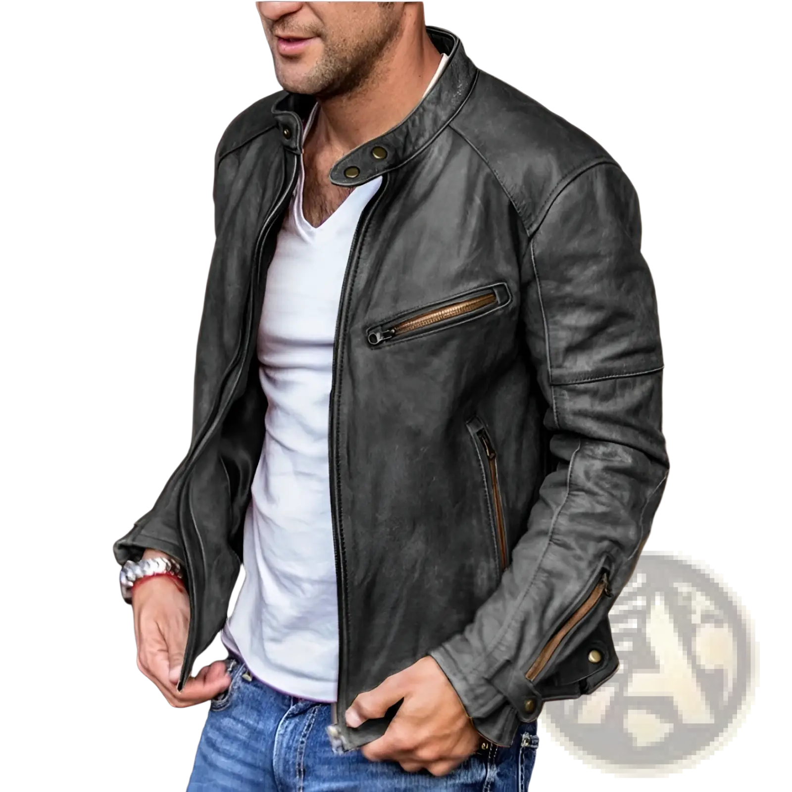 Men pu leather punk motorcycle jacket in dark gray distressed leather with brass zippers and snap buttons