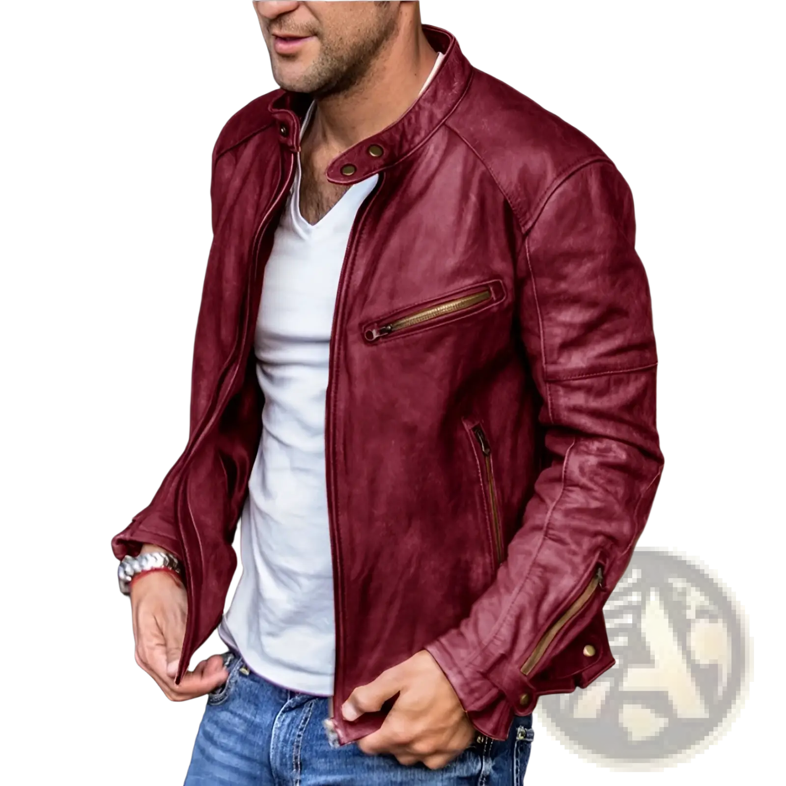 Men pu leather punk motorcycle jacket in rich burgundy with stand collar and gold-toned zippers and snap buttons